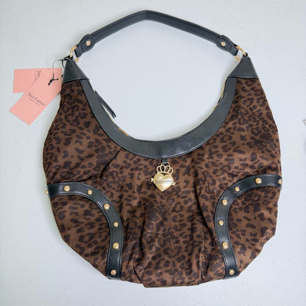 Juicy Couture Leopard Print Hobo Shoulder Bag Gold Heart Charm Studded